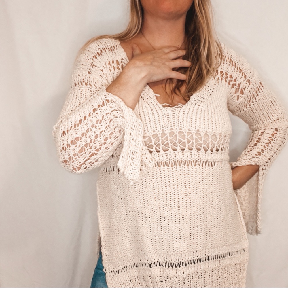 Open-Knit V-neck Sweater